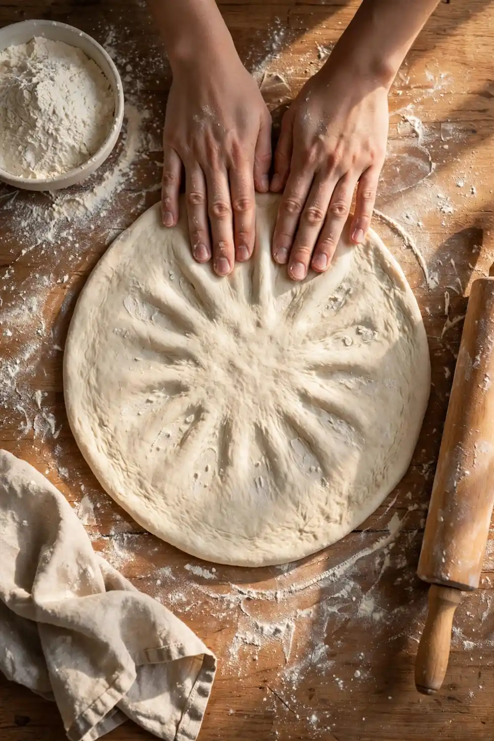 Pressing pizza dough from the center
