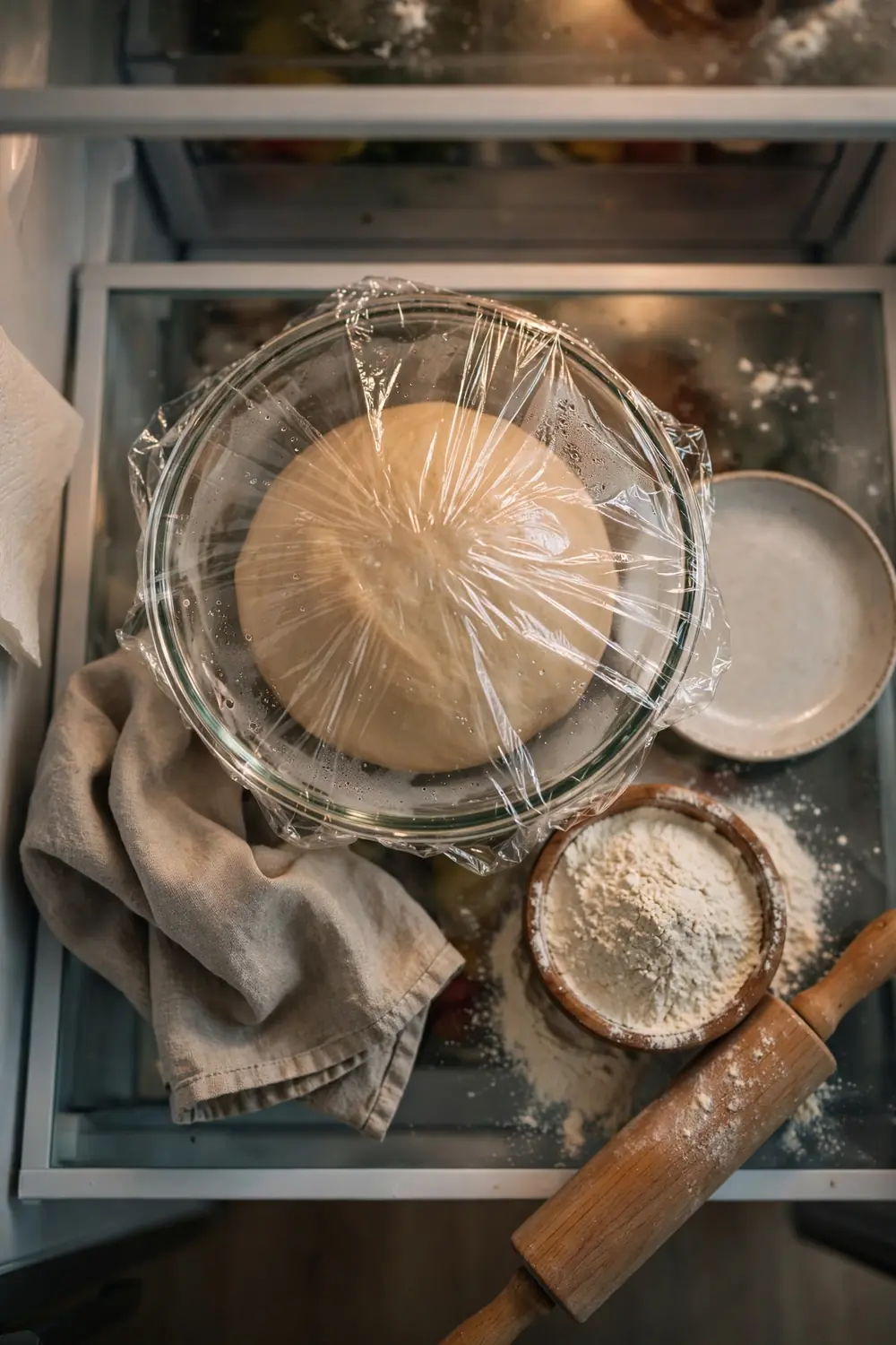 Pizza dough stored in a sealed container