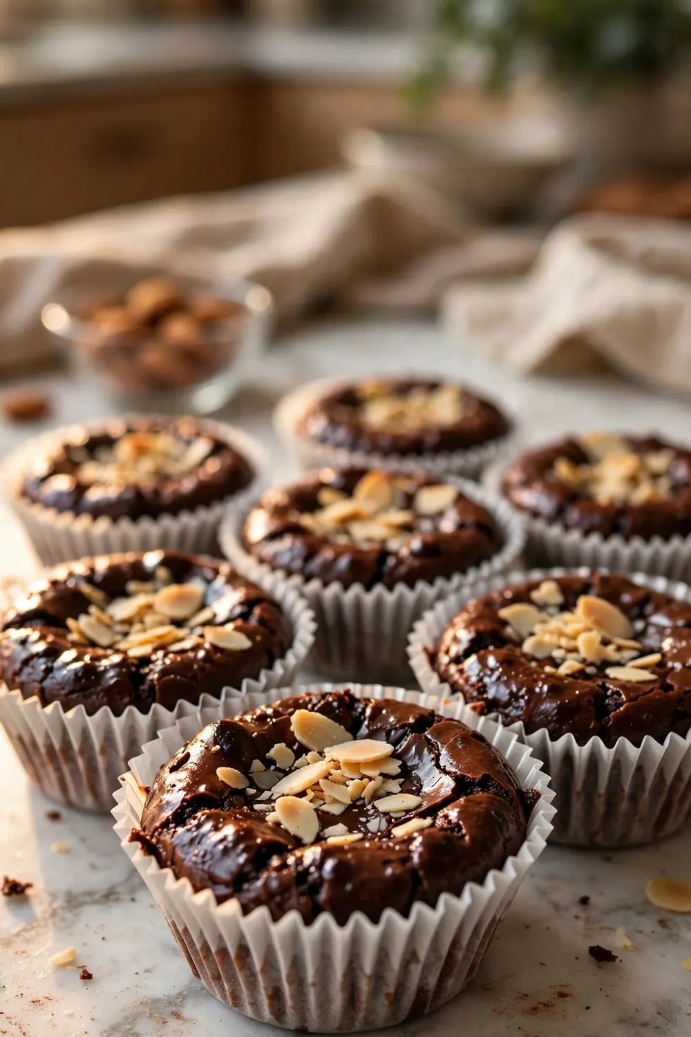 Chocolate almond cups in white paper liners