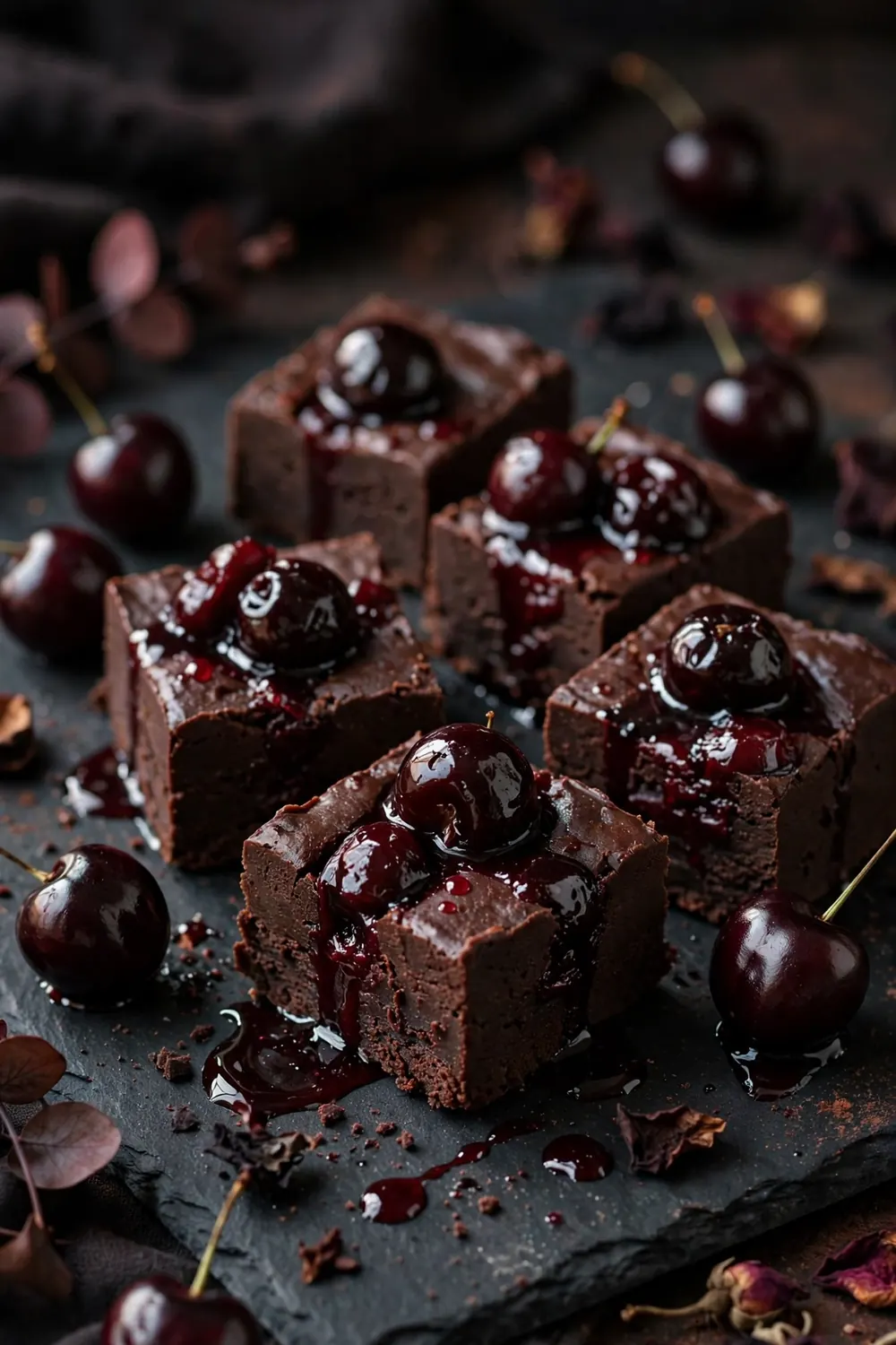 Dark chocolate fudge squares with glossy cherries