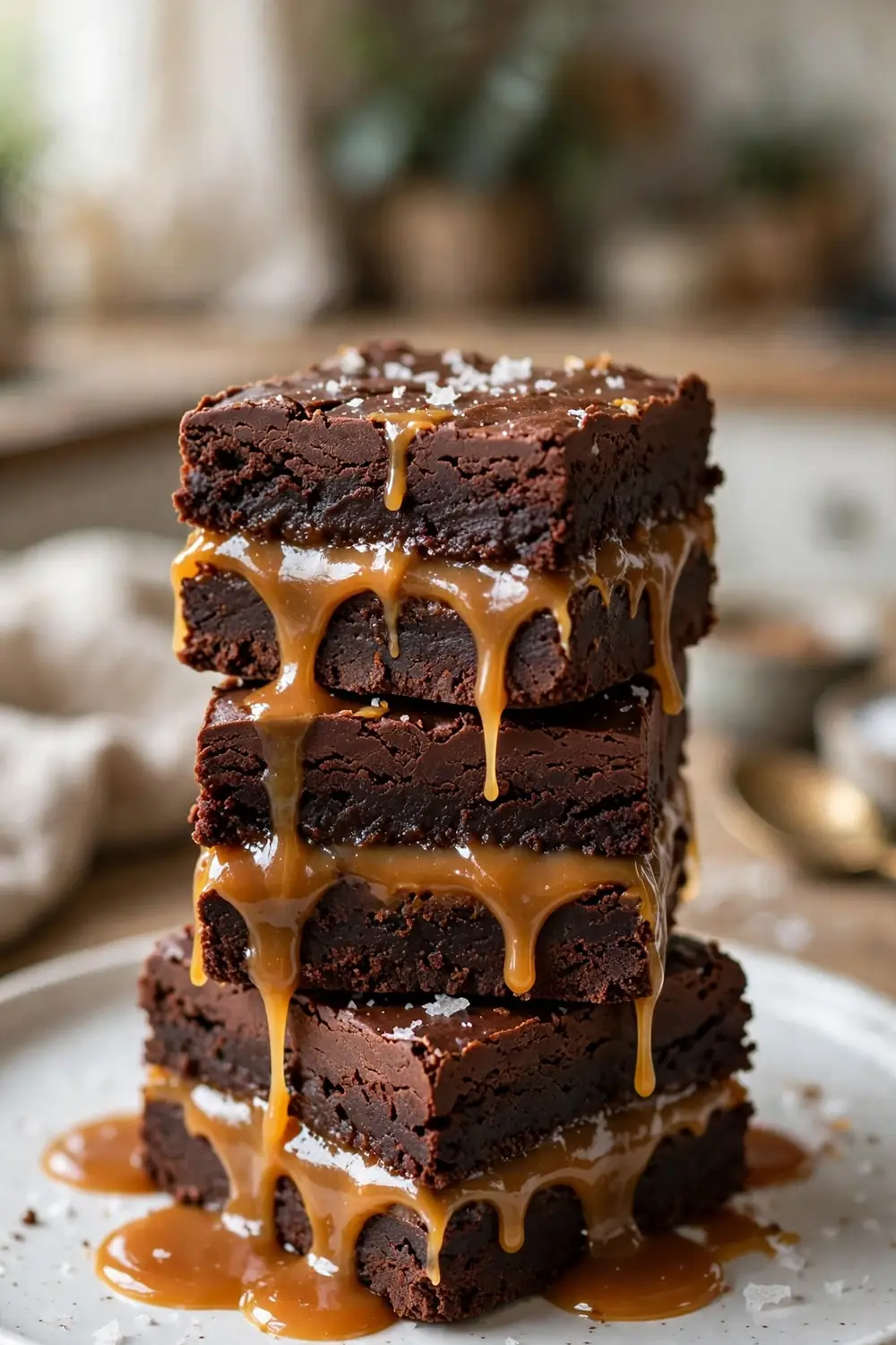 Stacked fudge squares with gooey caramel layers