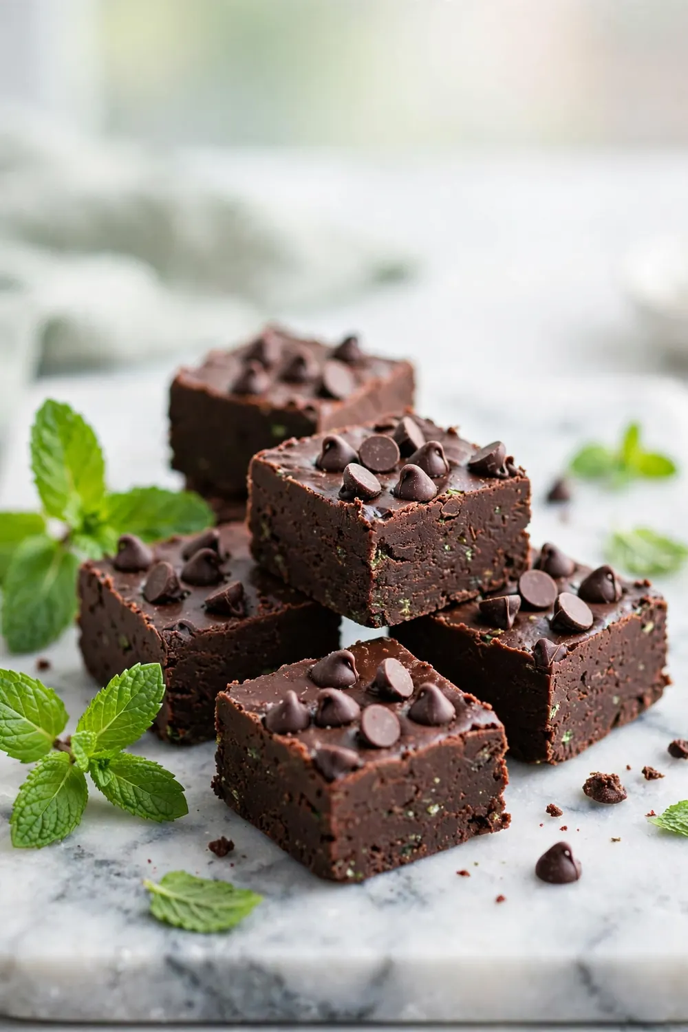 Mint chocolate fudge squares with chips