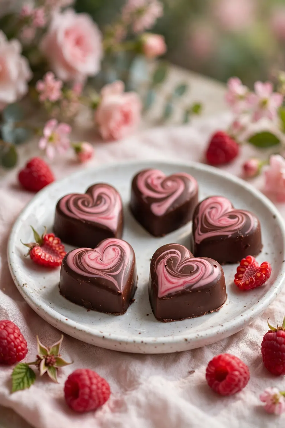 Heart shaped chocolate bites with raspberry swirl