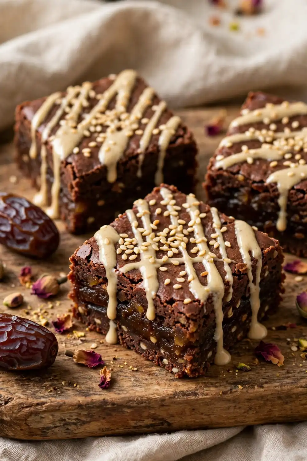 Chocolate tahini squares with sesame drizzle