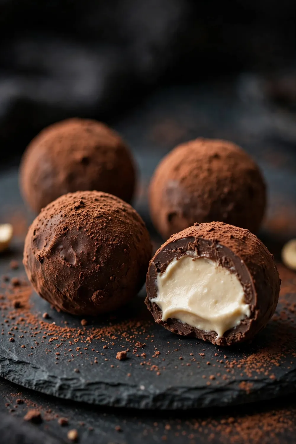 Chocolate cashew truffles dusted with cocoa