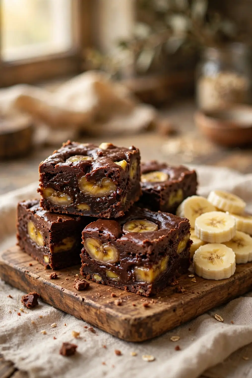 Chocolate banana fudge squares with banana slices
