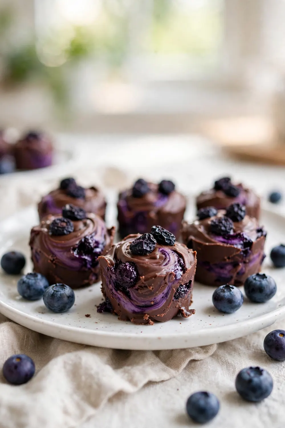 Chocolate bites with purple blueberry swirl