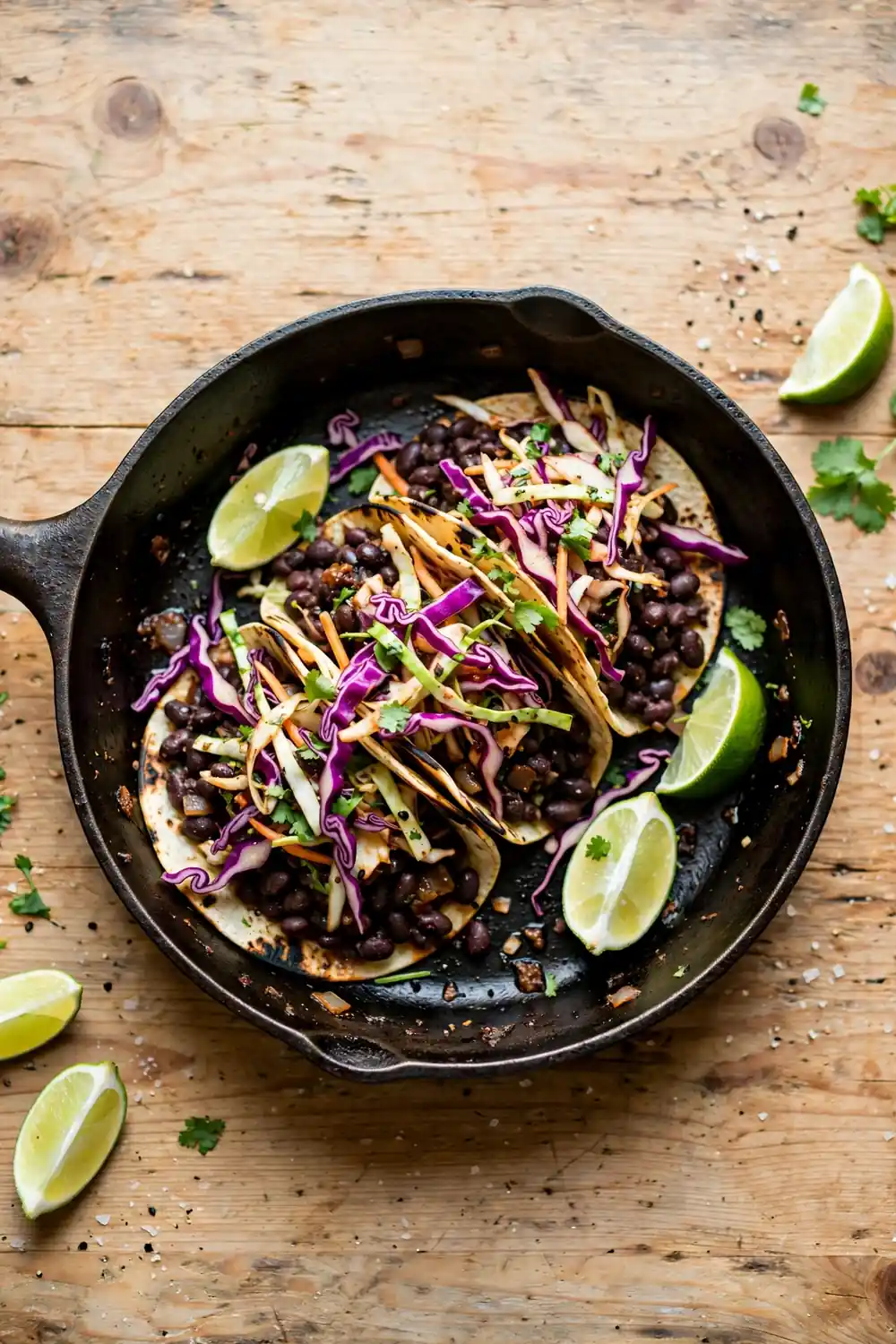 Smoky black bean tacos in a cast iron pan with lime and slaw