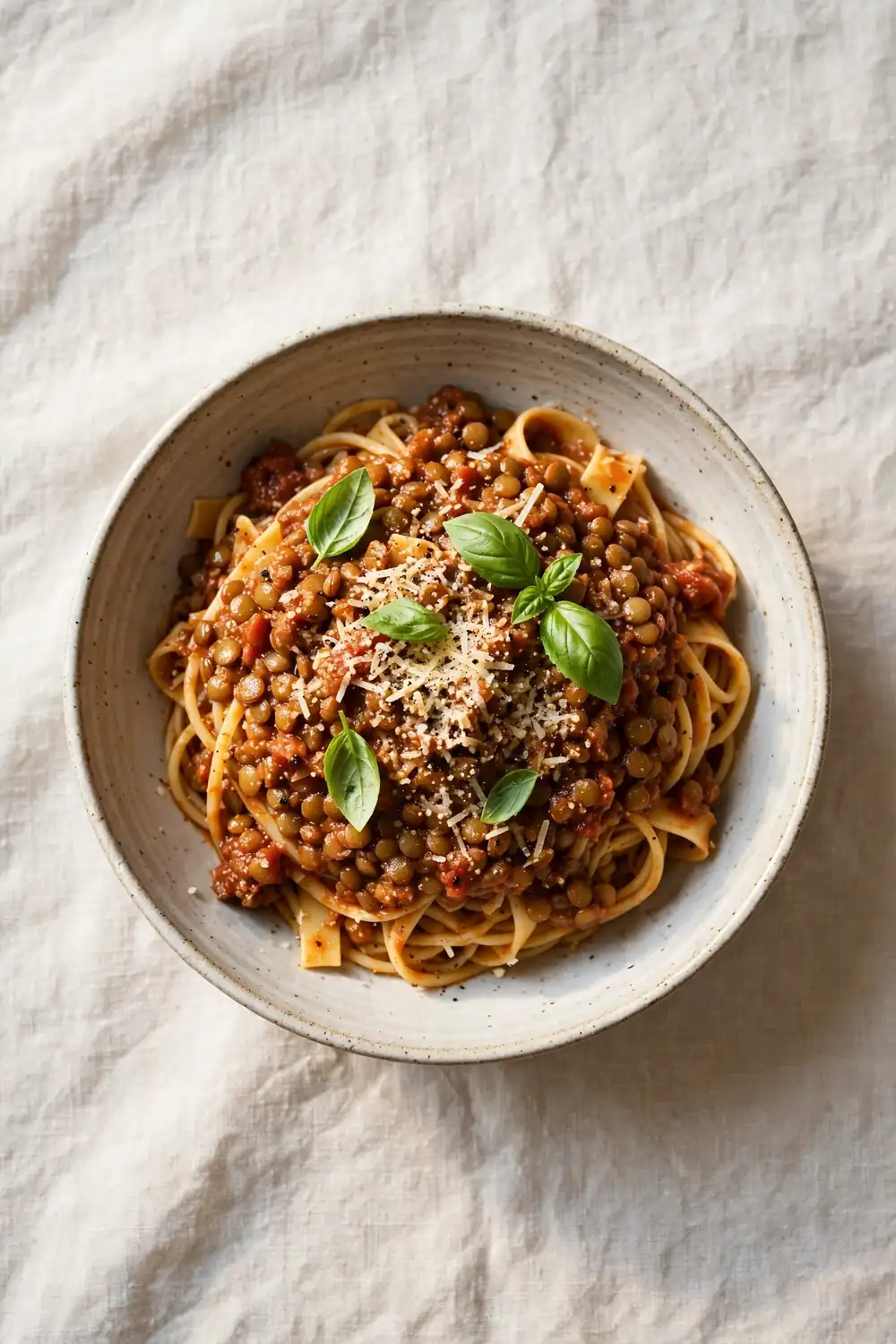 Lentil bolognese bowl over pasta with basil and parmesan