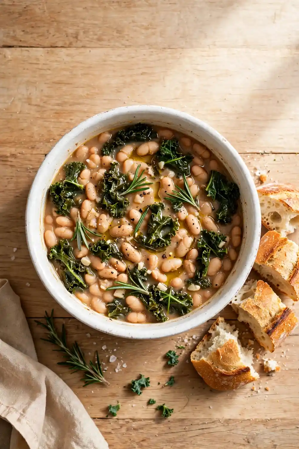 White bean stew with kale and rosemary in a ceramic pot