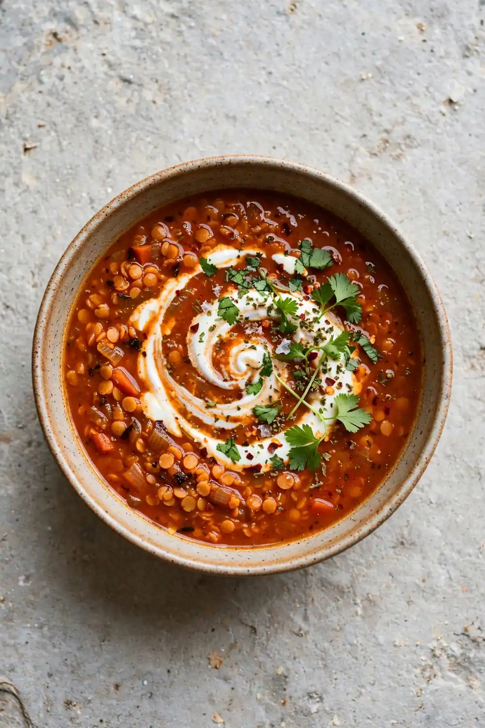 Spiced lentil soup with yogurt swirl and fresh herbs