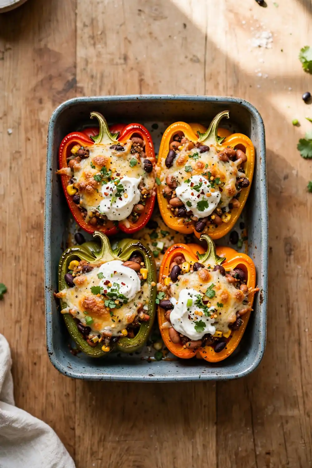 Bean stuffed bell peppers with melted cheese in a baking dish