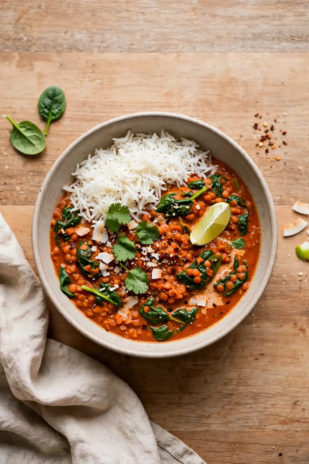 Red lentil curry with coconut milk spinach and basmati rice