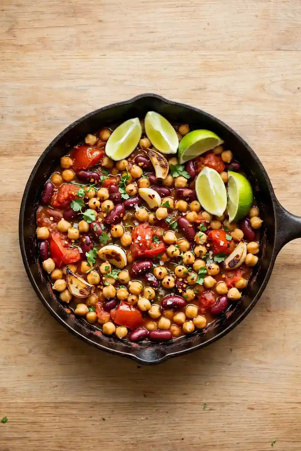 Chickpea and bean skillet with tomatoes garlic and lime