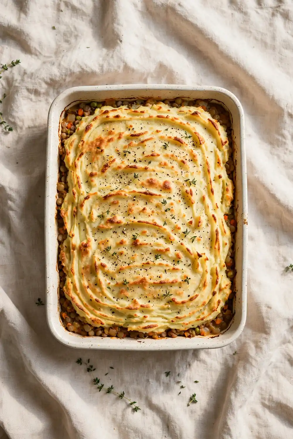 Lentil shepherds pie with golden mashed potato topping