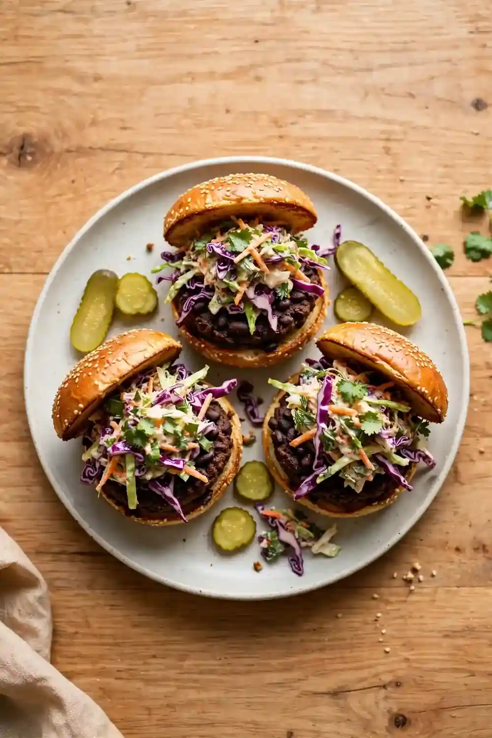 Black bean burgers in toasted buns with slaw and pickles