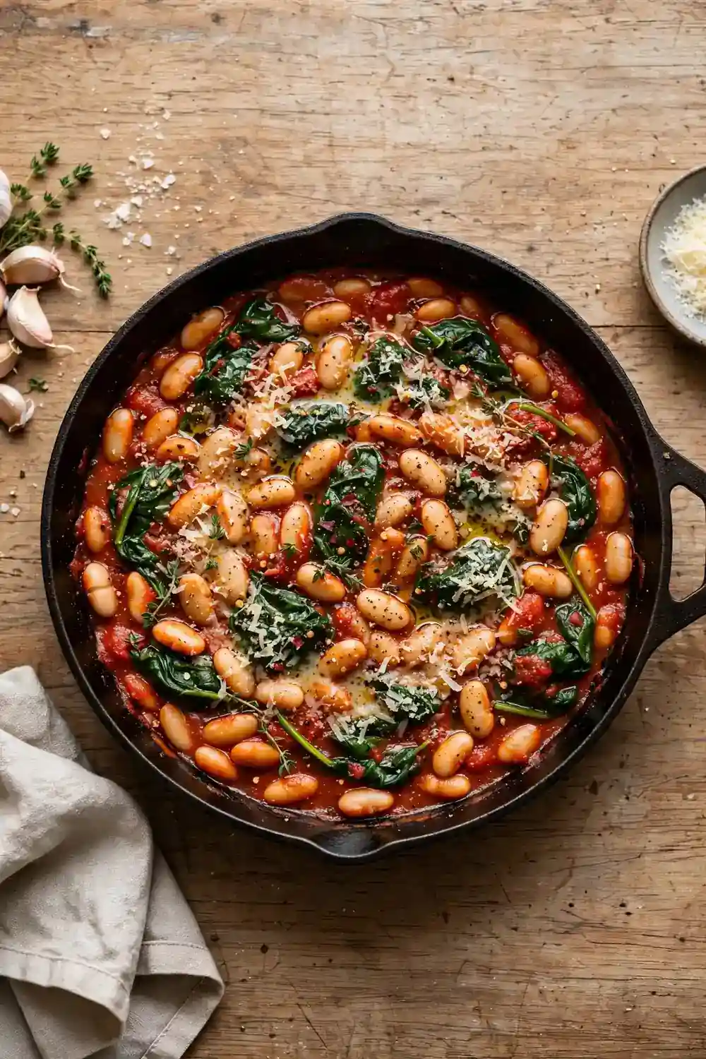 Tuscan white beans in tomato sauce with spinach and parmesan