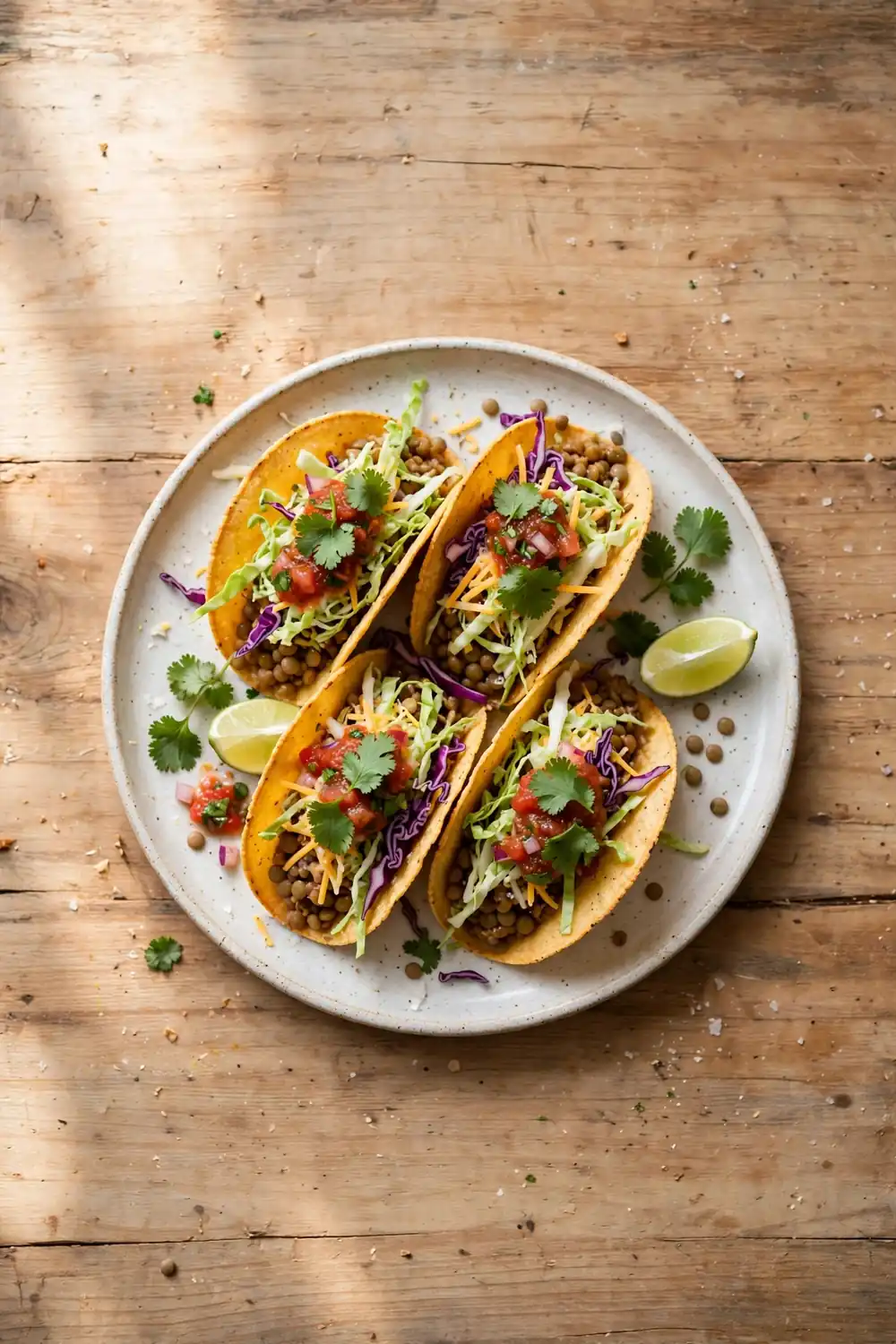 Lentil tacos in crisp shells with cabbage cheese and salsa