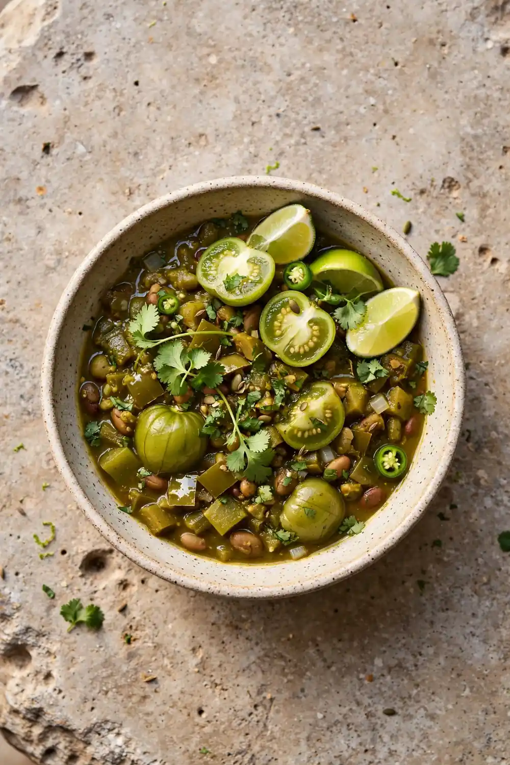Green chili bean chili with tomatillos cilantro and lime