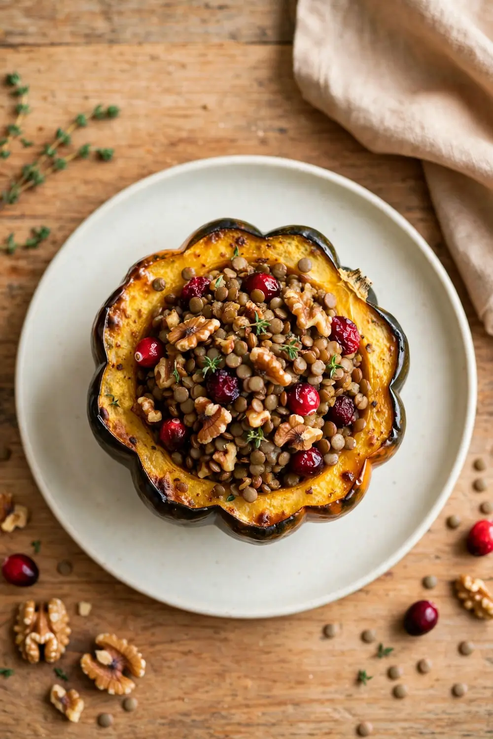 Acorn squash stuffed with lentils cranberries and walnuts