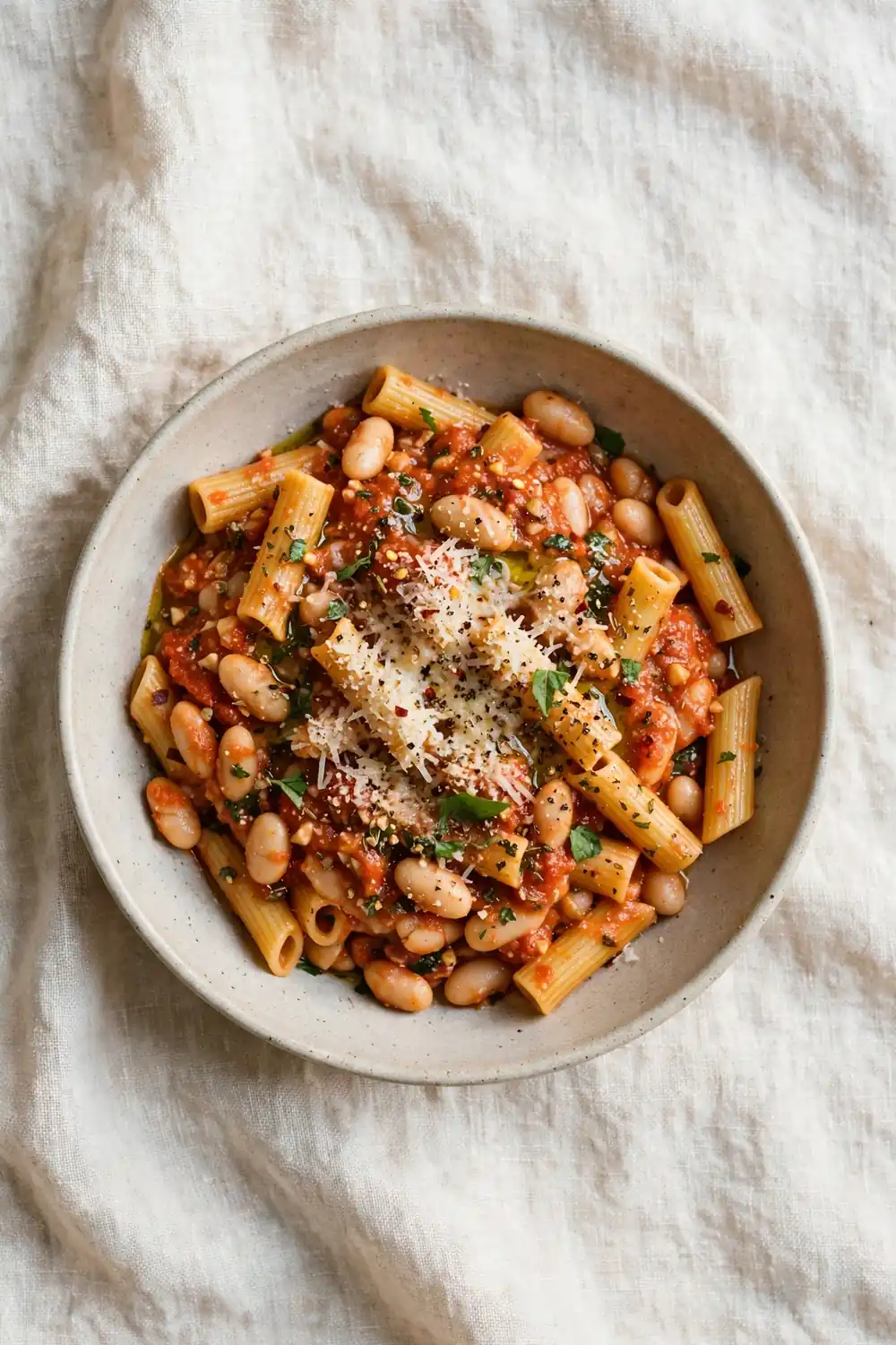 White bean pasta in tomato garlic sauce with parmesan