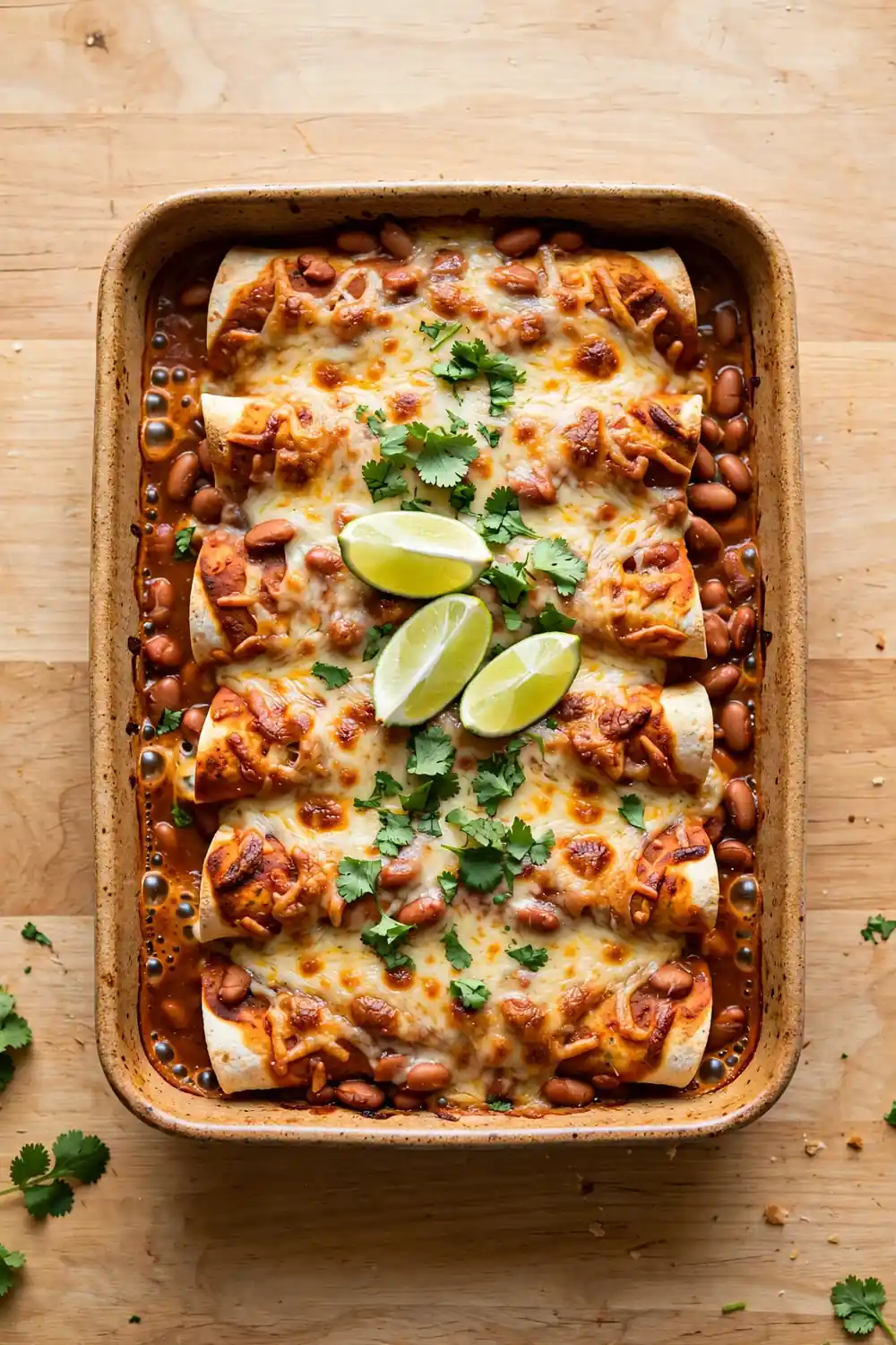 Pinto bean enchiladas with bubbling cheese cilantro and lime