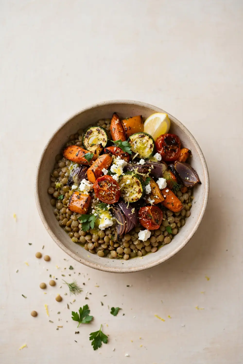 Warm green lentils with roasted vegetables feta and lemon