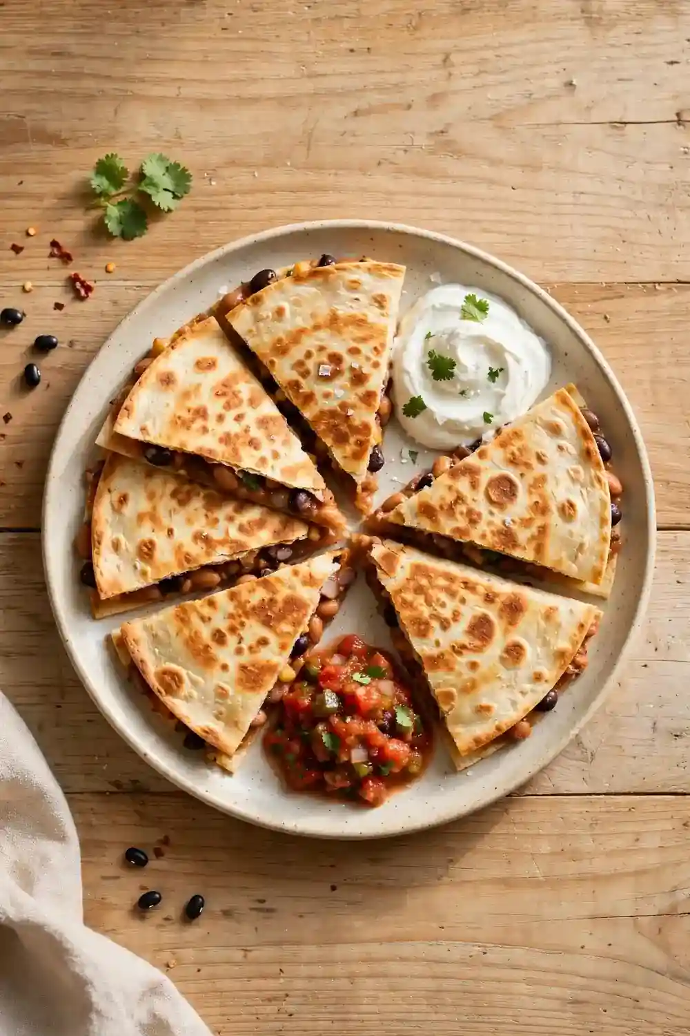 Golden bean quesadilla wedges with salsa and sour cream