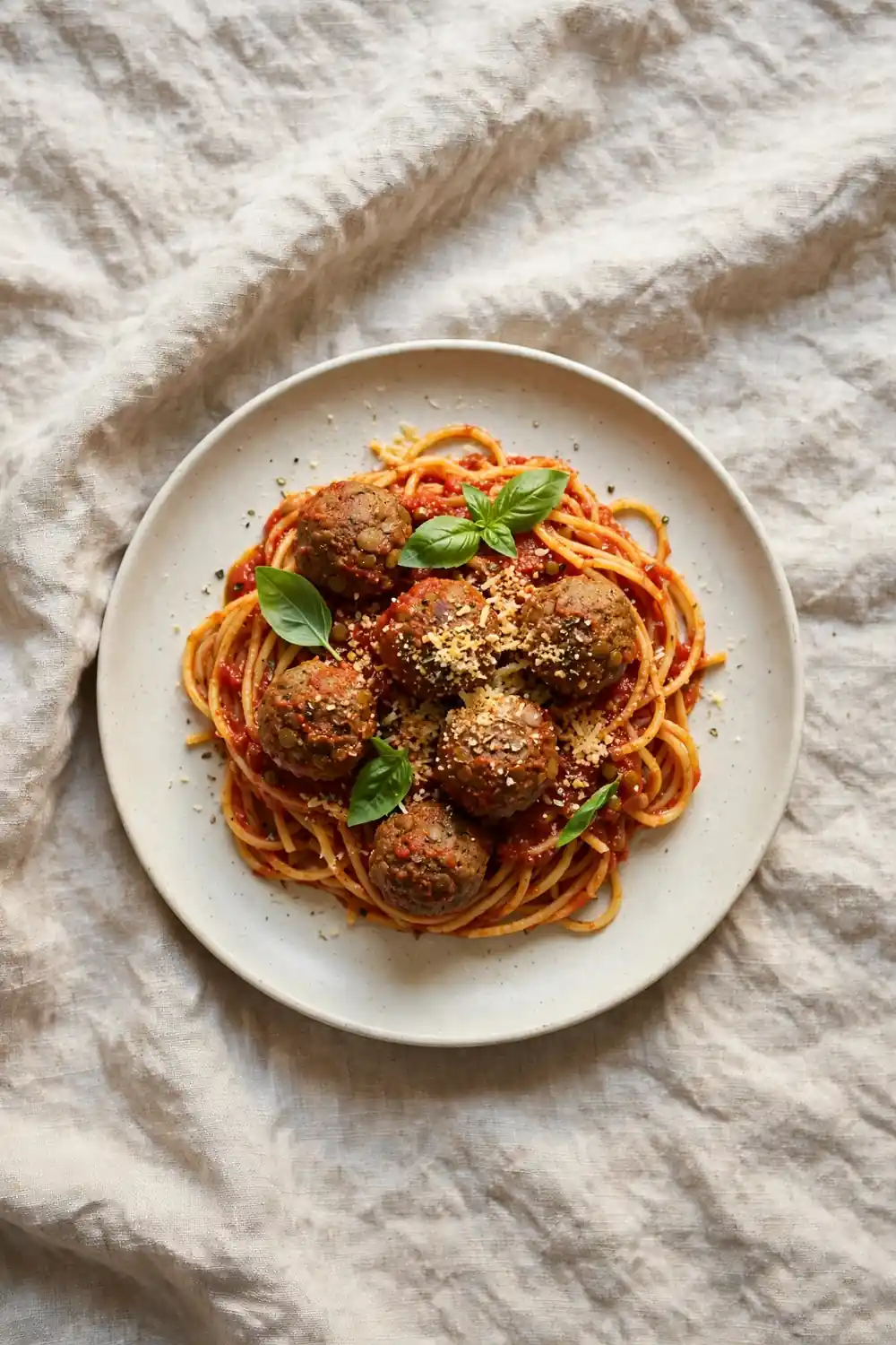 Lentil meatballs in marinara over spaghetti with basil