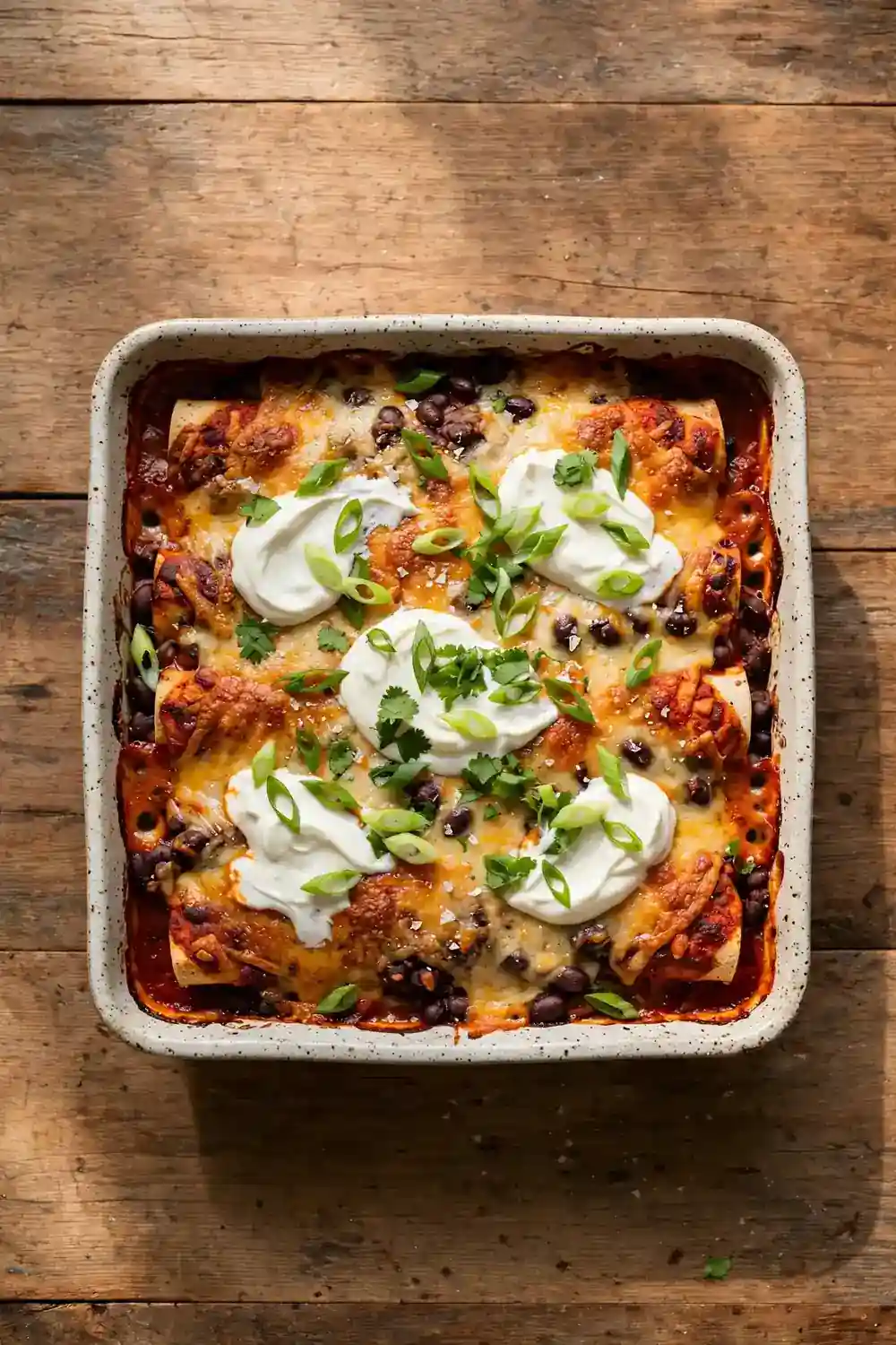 Black bean enchilada bake with golden cheese and scallions
