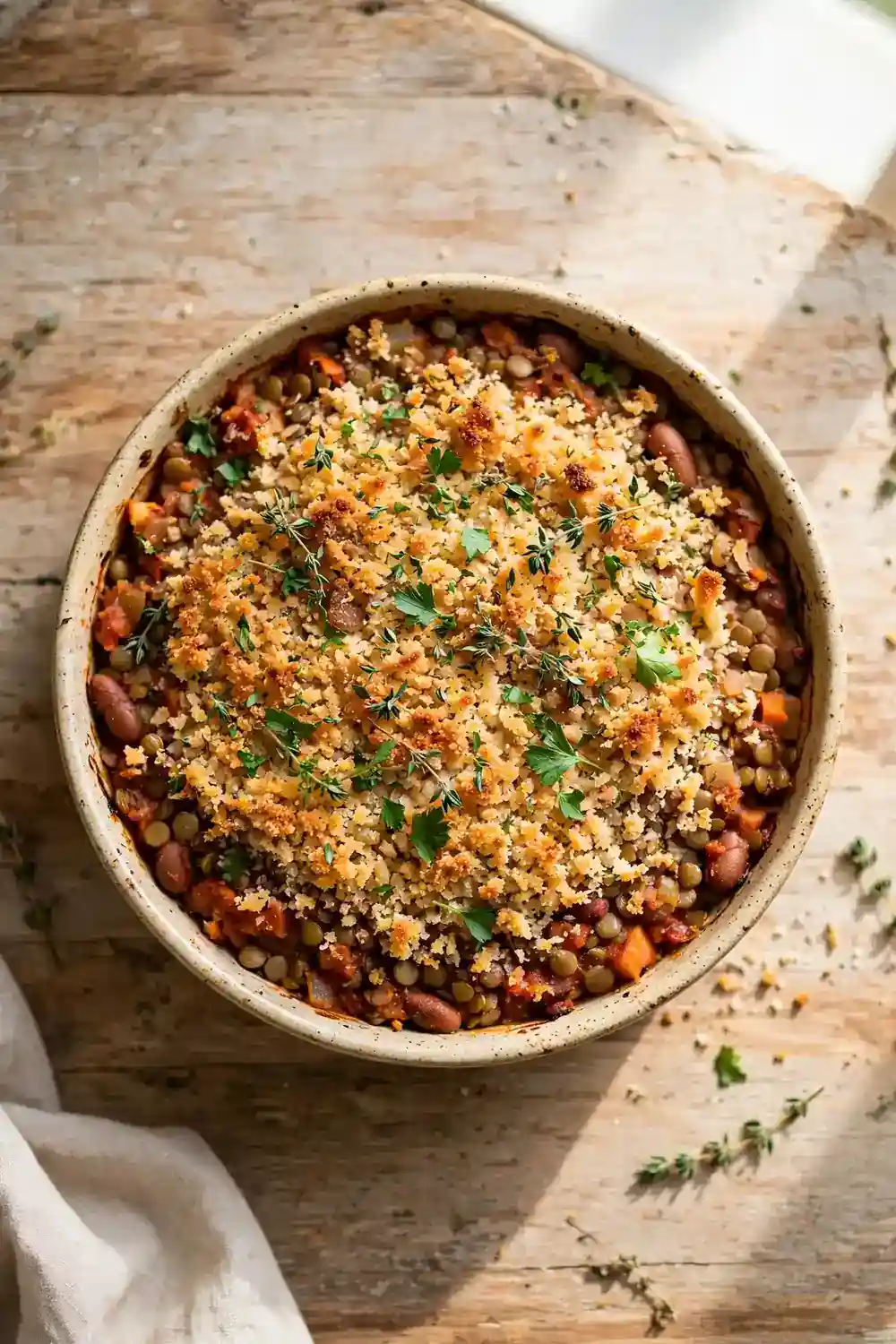 Lentil and bean casserole with crisp breadcrumb topping
