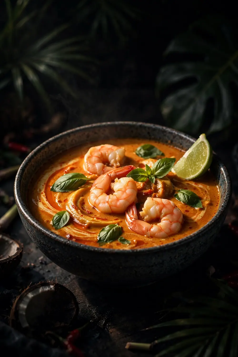 protein soups with shrimp in coconut curry broth