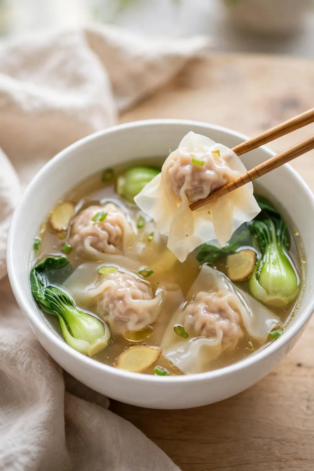 protein soups with pork wontons in ginger broth
