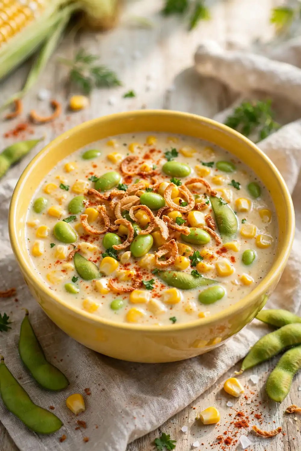 protein soups with edamame and sweet corn chowder