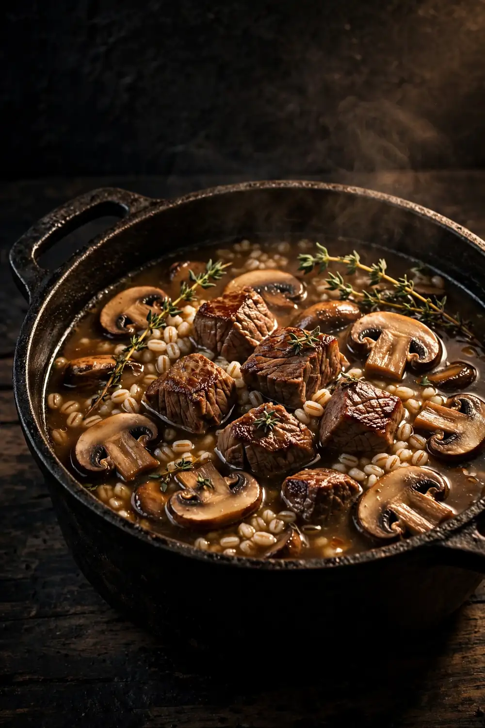 protein soups with steak mushroom and barley
