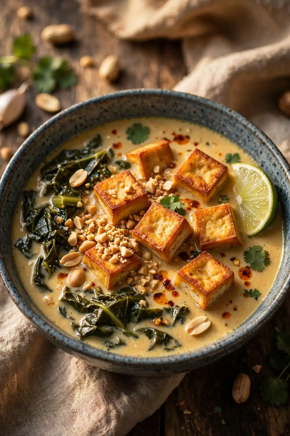 protein soups with peanut tofu in coconut broth