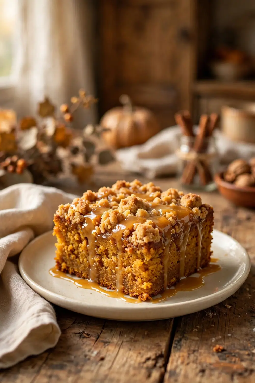Pumpkin crumb cake slice with maple glaze drizzle