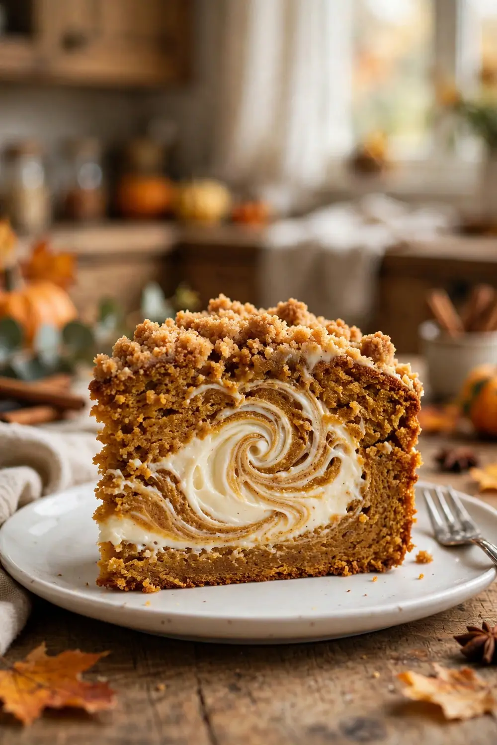 Pumpkin crumb cake slice with cream cheese swirl