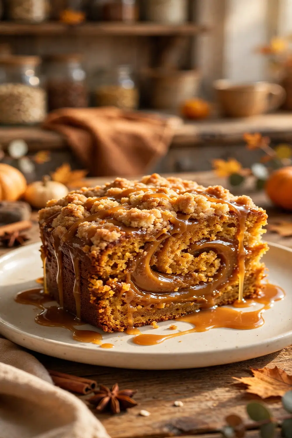 Pumpkin crumb cake slice with caramel ribbon swirl