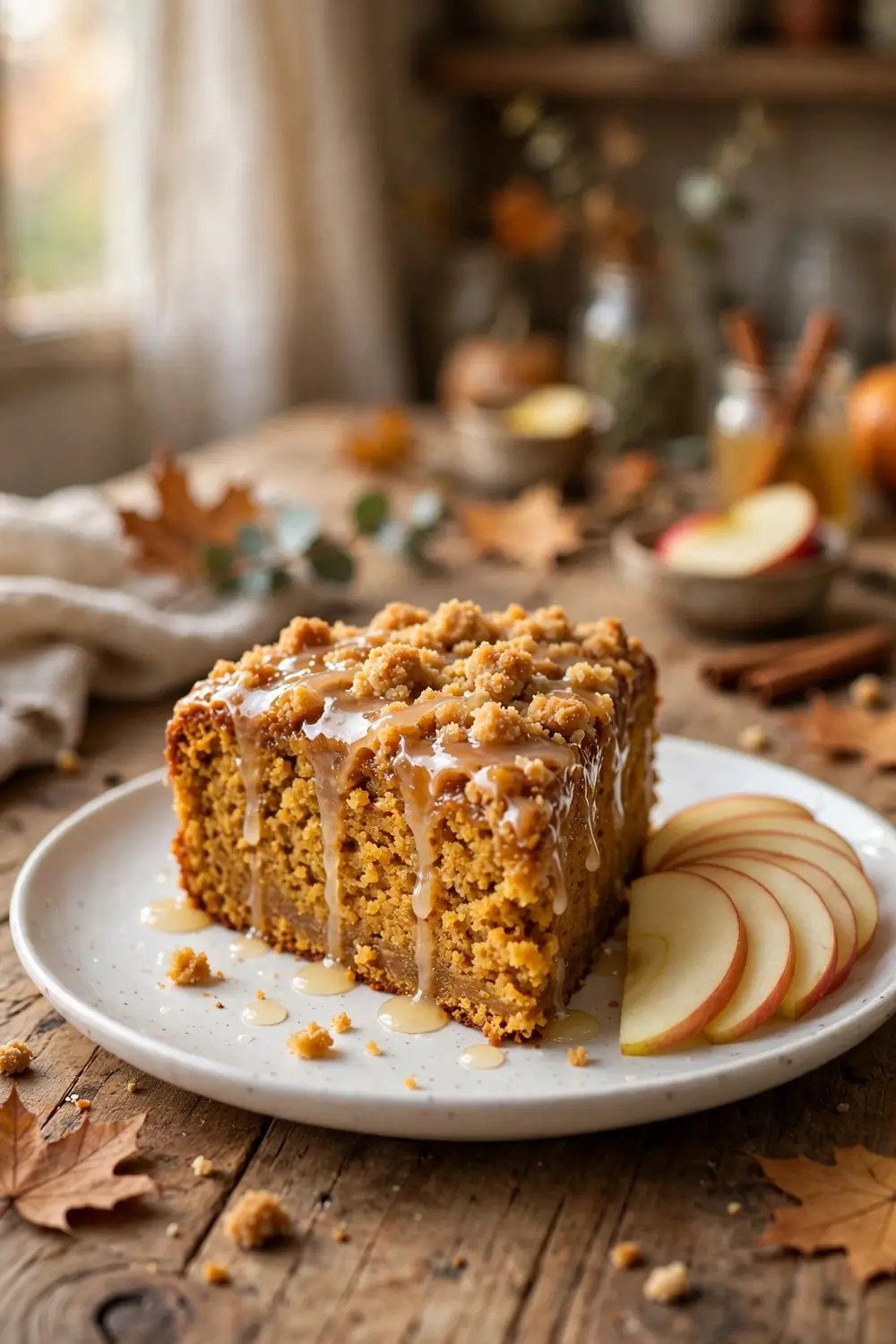 Pumpkin crumb cake slice with apple cider glaze
