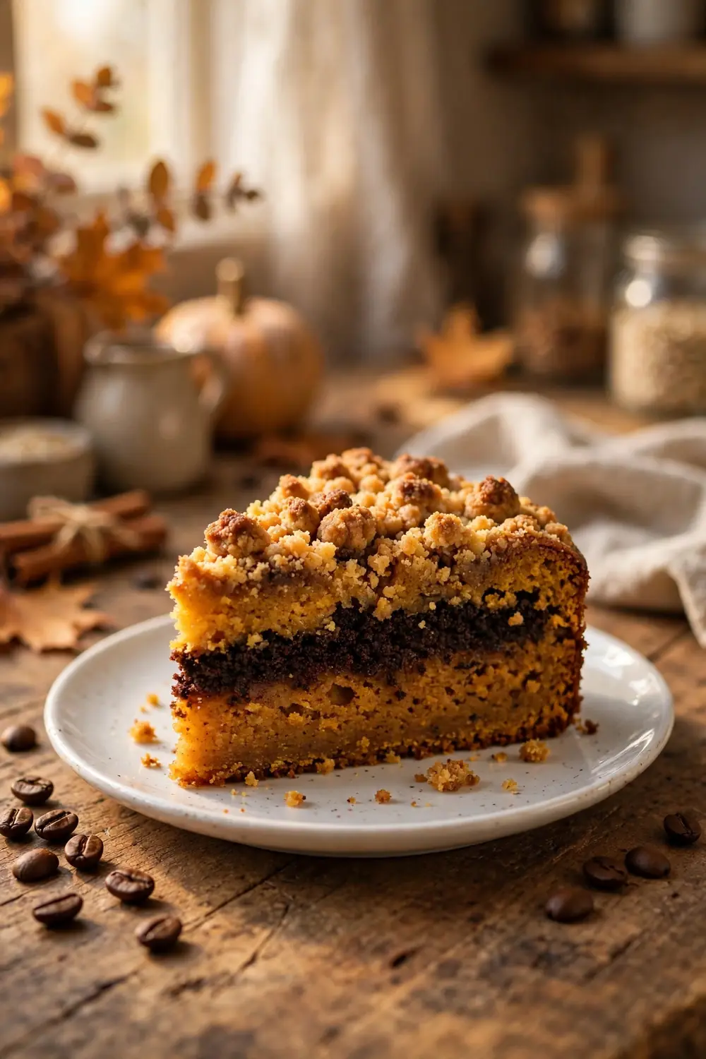 Pumpkin crumb cake slice with espresso crumb layer