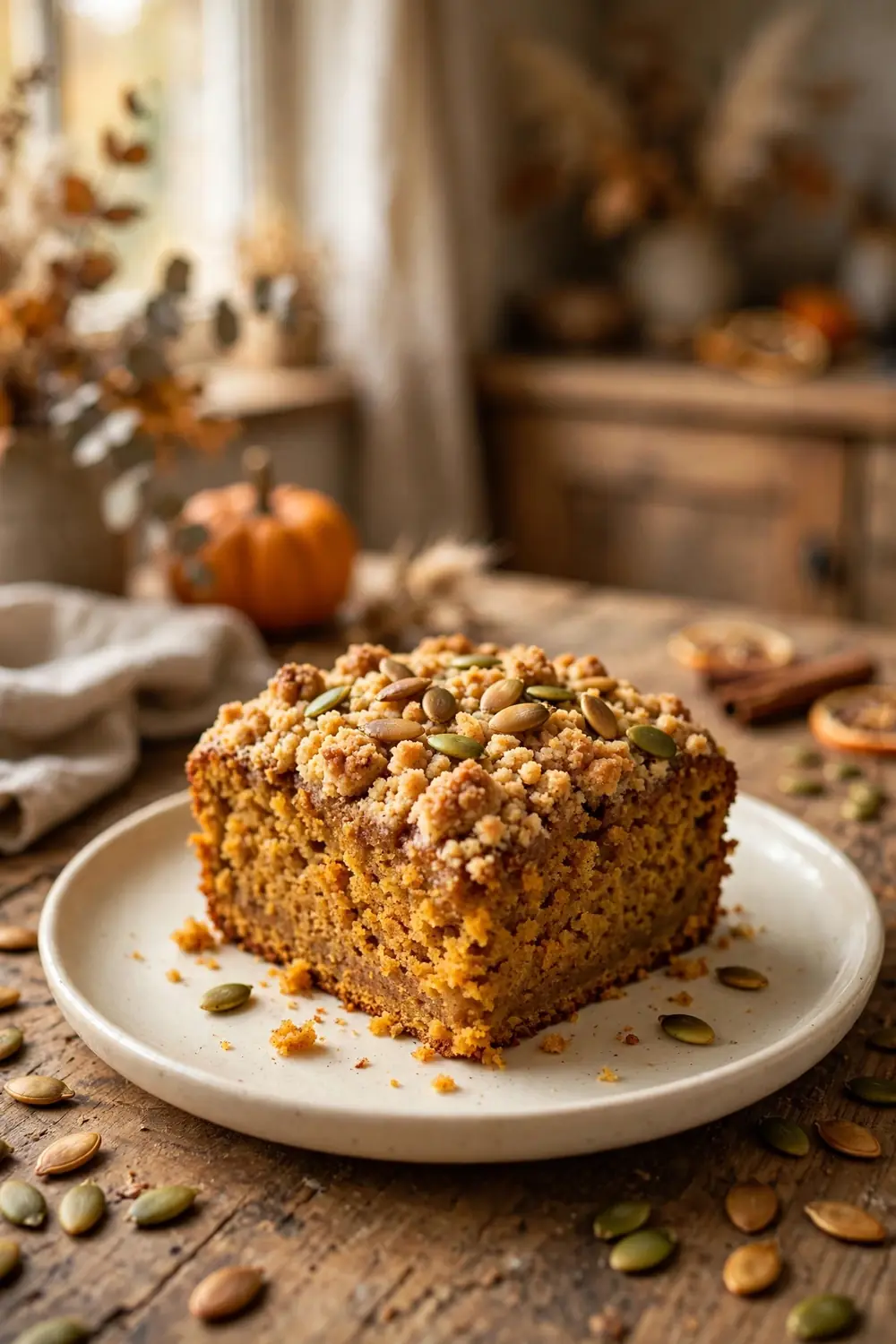 Pumpkin crumb cake slice with pumpkin seed crunch