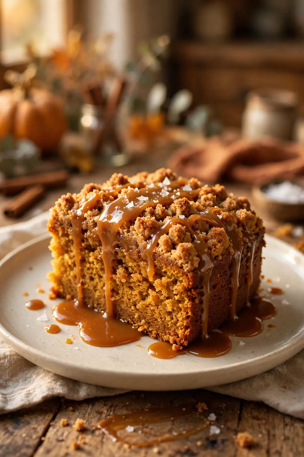 Pumpkin crumb cake slice with salted caramel drizzle