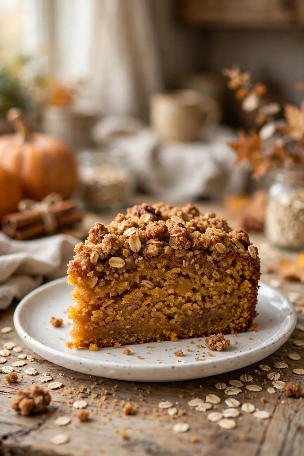 Pumpkin crumb cake slice with oat crumble topping