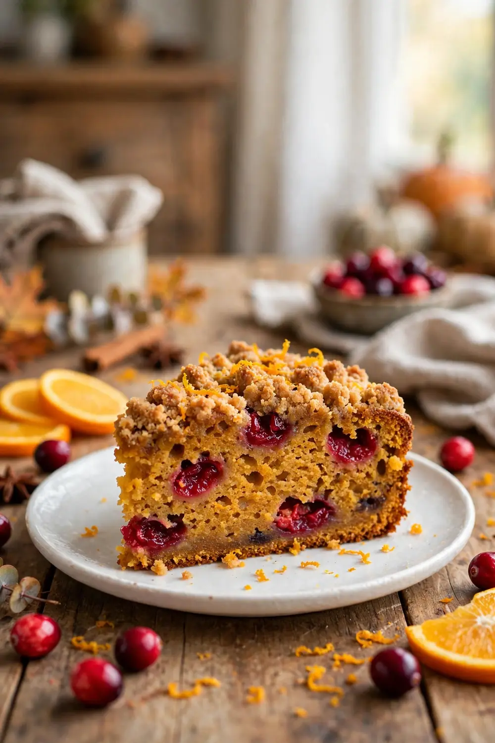 Pumpkin crumb cake slice with cranberry orange twist