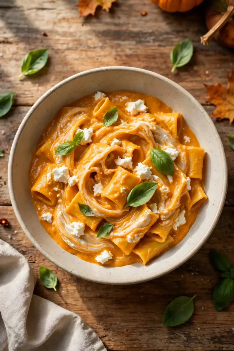 Creamy pumpkin pasta with goat cheese swirled in a bowl