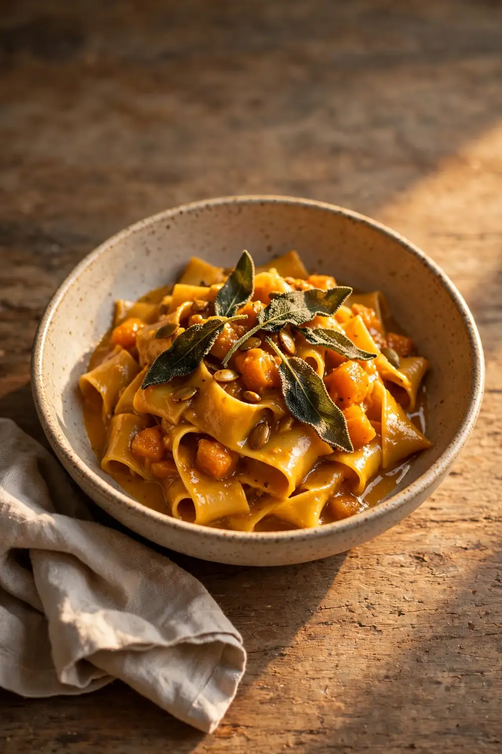 Brown butter pumpkin pasta with crisp sage leaves