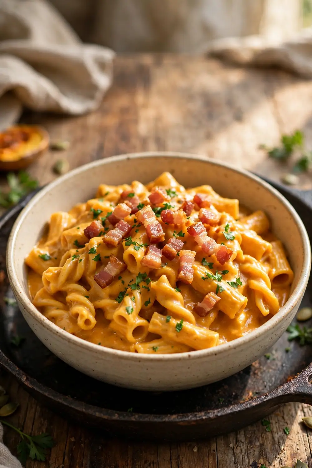 Pumpkin pasta topped with crispy pancetta and herbs