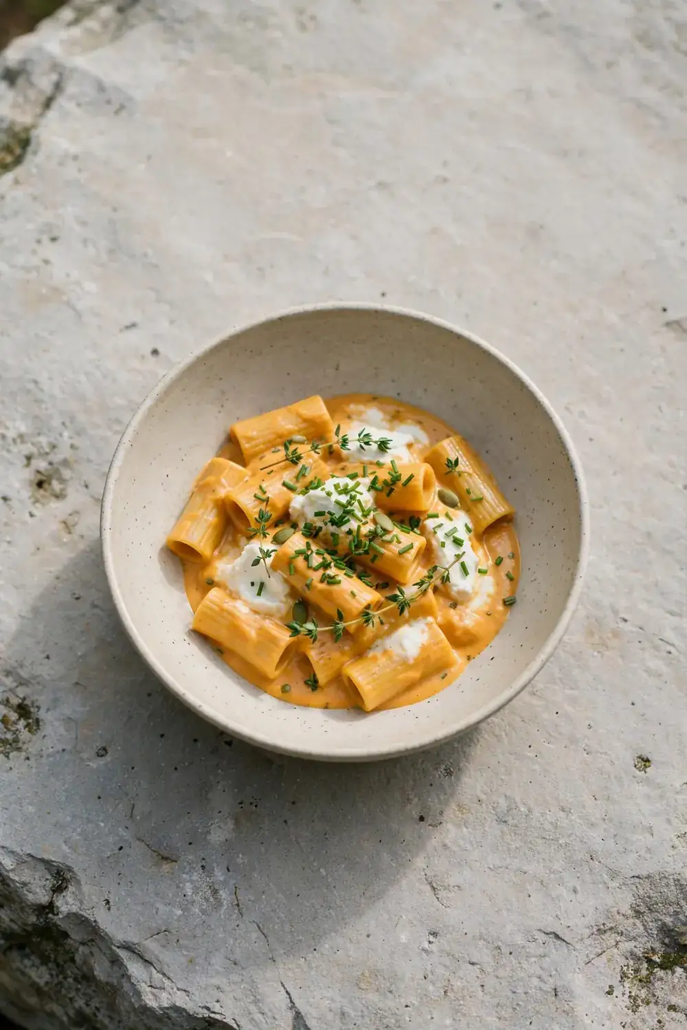 Herbed goat cheese melting into creamy pumpkin pasta