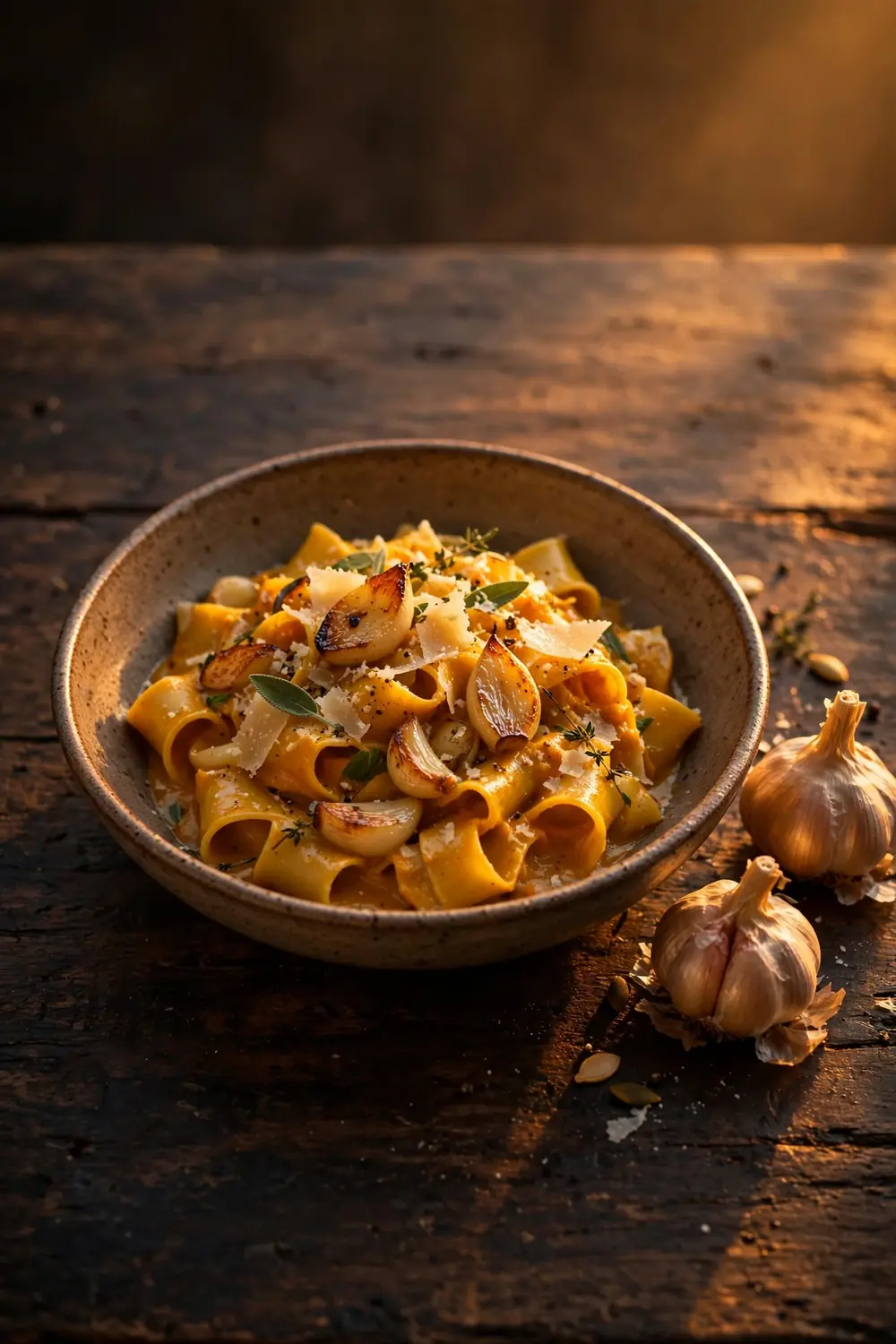 Roasted garlic pumpkin pasta with parmesan shavings